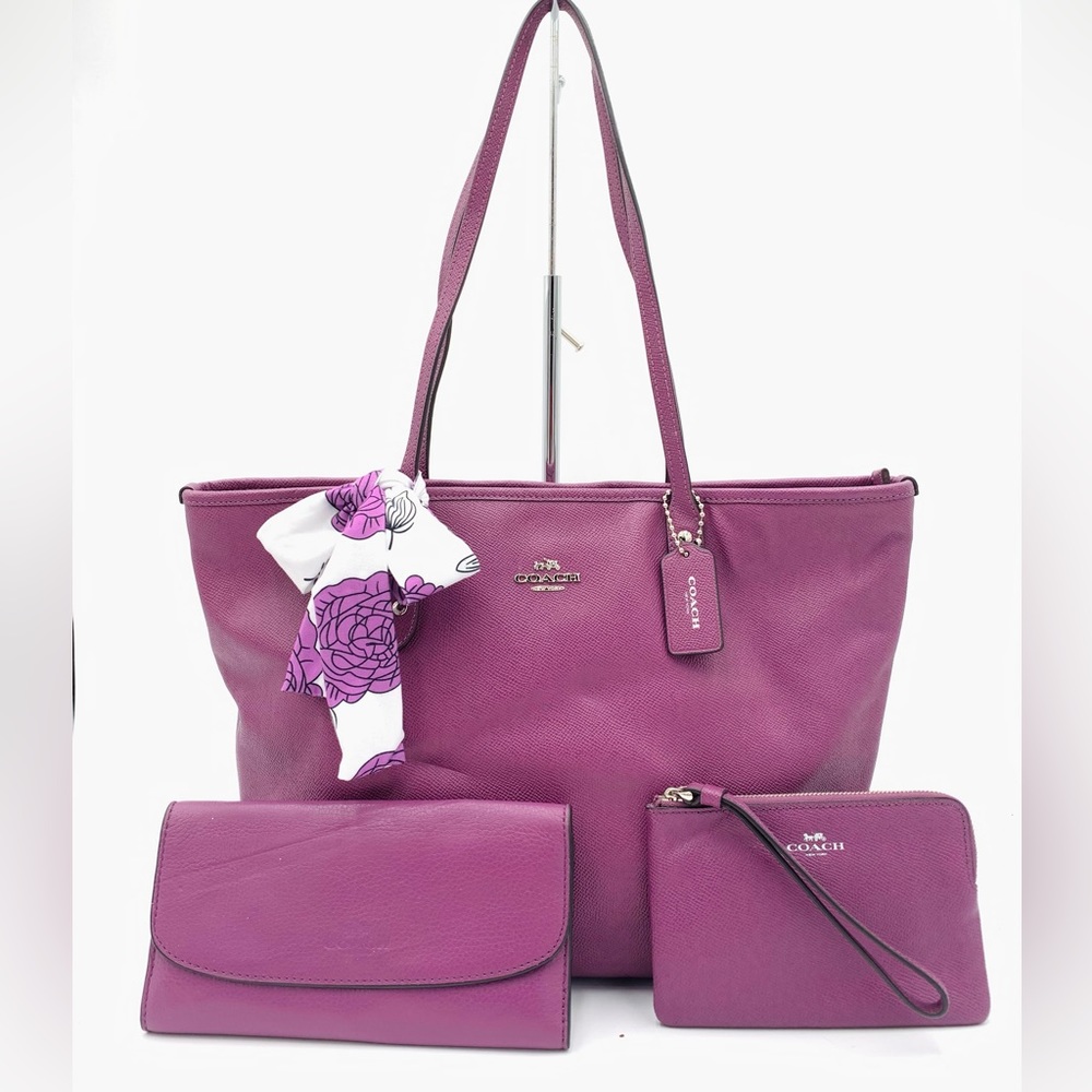 Coach Purple Leather Tote with Matching Wallets